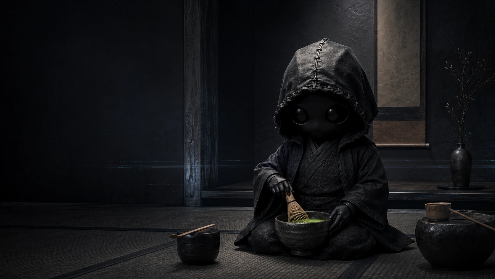 お茶を点てる黒頭巾