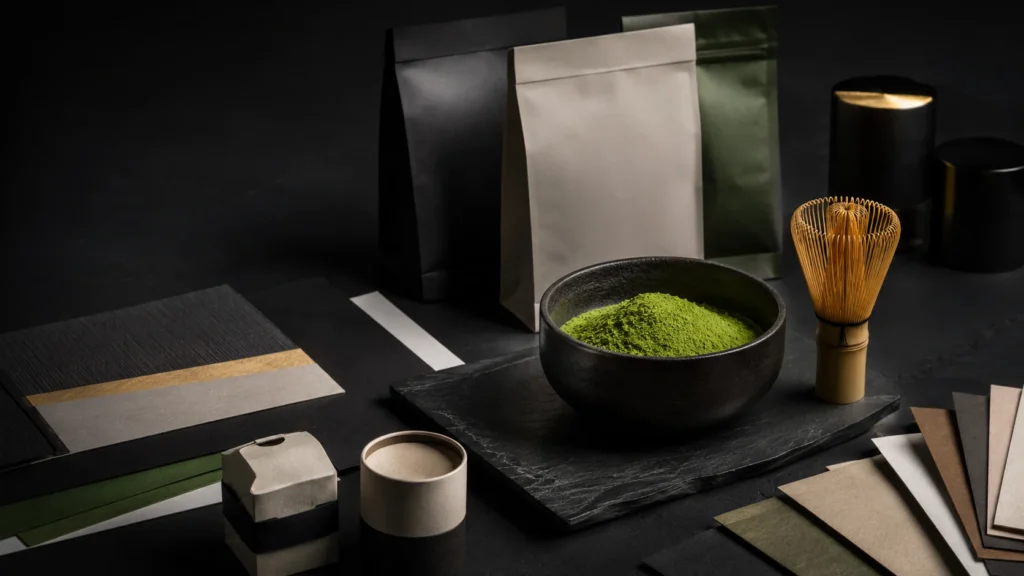 黒い器に盛られた鮮やかな抹茶と茶筅、無地の包装サンプル